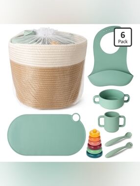 Jute Basket Silicone Baby Feeding Gift Set Includes: 6 PCS Silicone Set New